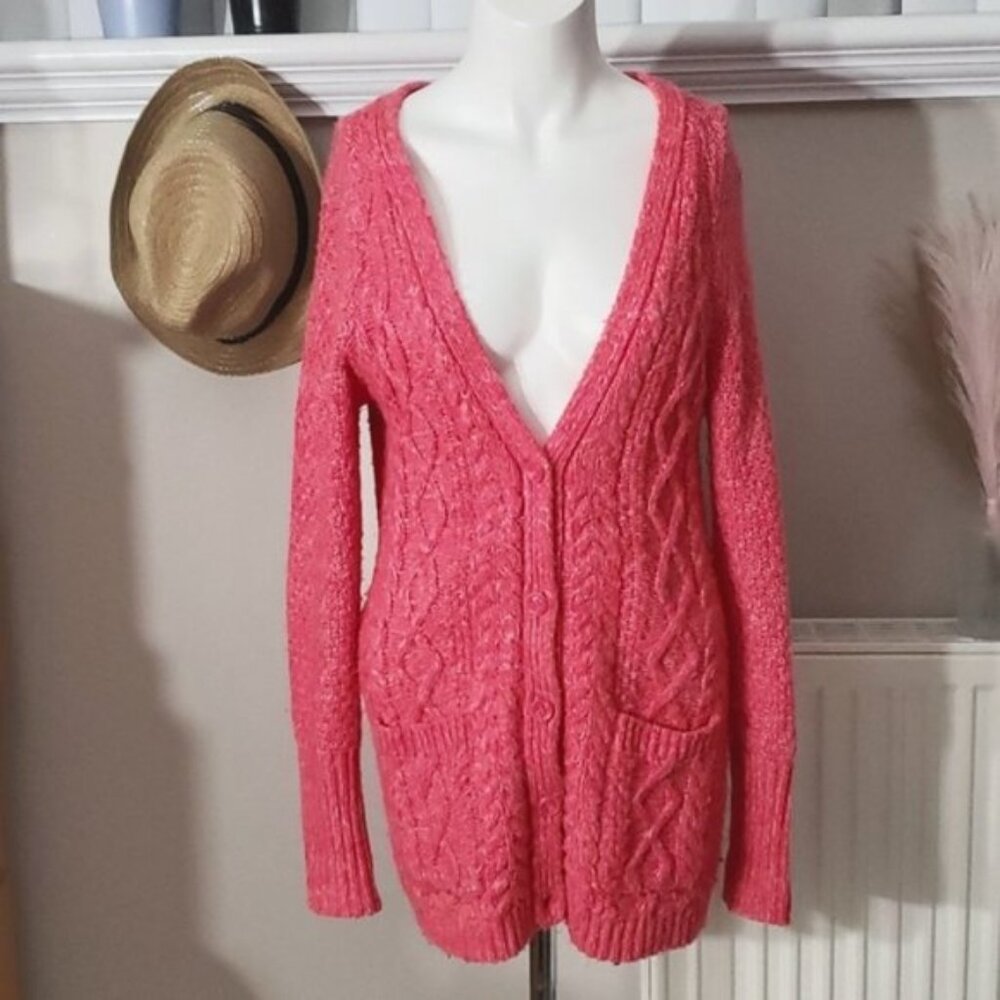 Vintage Y2K Aéropostale Cable Knit Neon Pink Middy Cardigan​